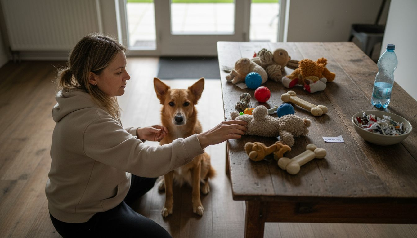 Eine Hundebesitzerin räumt am Tisch das Spielzeug ihres Vierbeiners ordentlich zusammen.