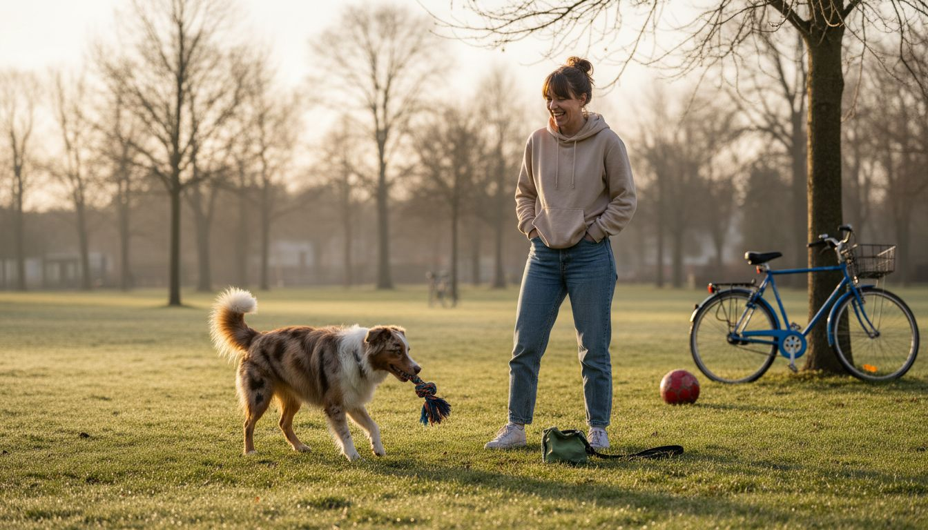 Beim Training im Park tobt der Hund begeistert mit seinem Spielzeug herum.