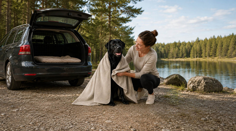 Hundehalterin trocknet einen nassen schwarzen Labrador nach dem Schwimmen am See mit einem beigen Hundehandtuch neben dem Auto ab.