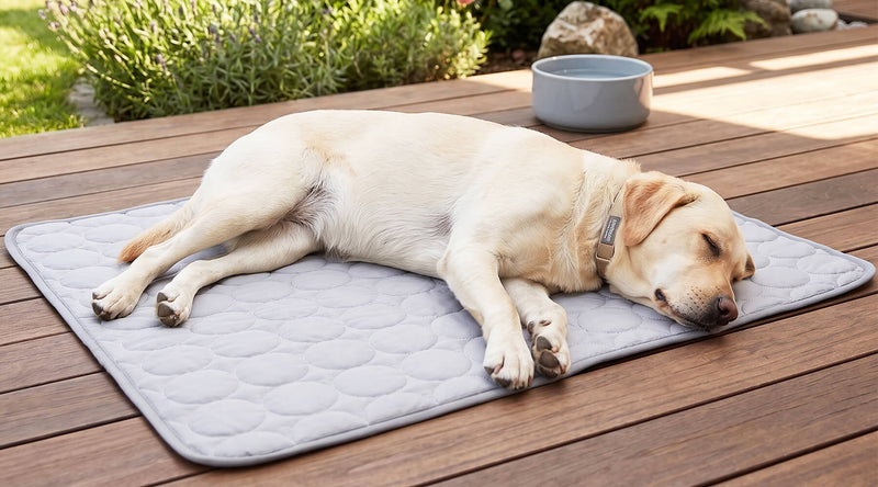Labrador schläft auf einer grauen Kühlmatte ohne Gel auf der Terrasse neben einem Wassernapf.