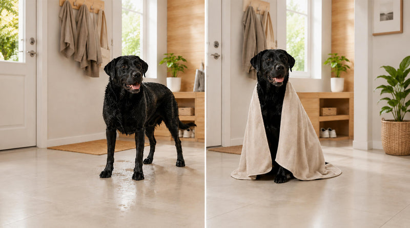 Vorher-Nachher-Vergleich eines nassen schwarzen Labradors, der nach einem Regenspaziergang mit einem beigen Hundehandtuch abgetrocknet wird.