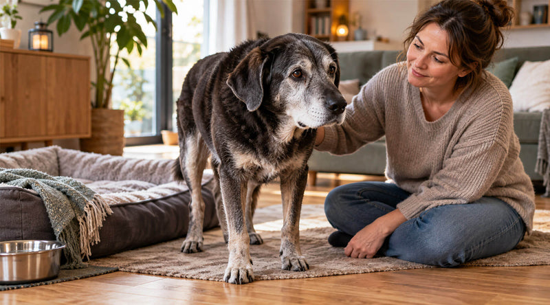 Alter Hund mit ergrauter Schnauze steht im Wohnzimmer neben seinem Hundebett, eine Frau sitzt bei ihm und streichelt ihn