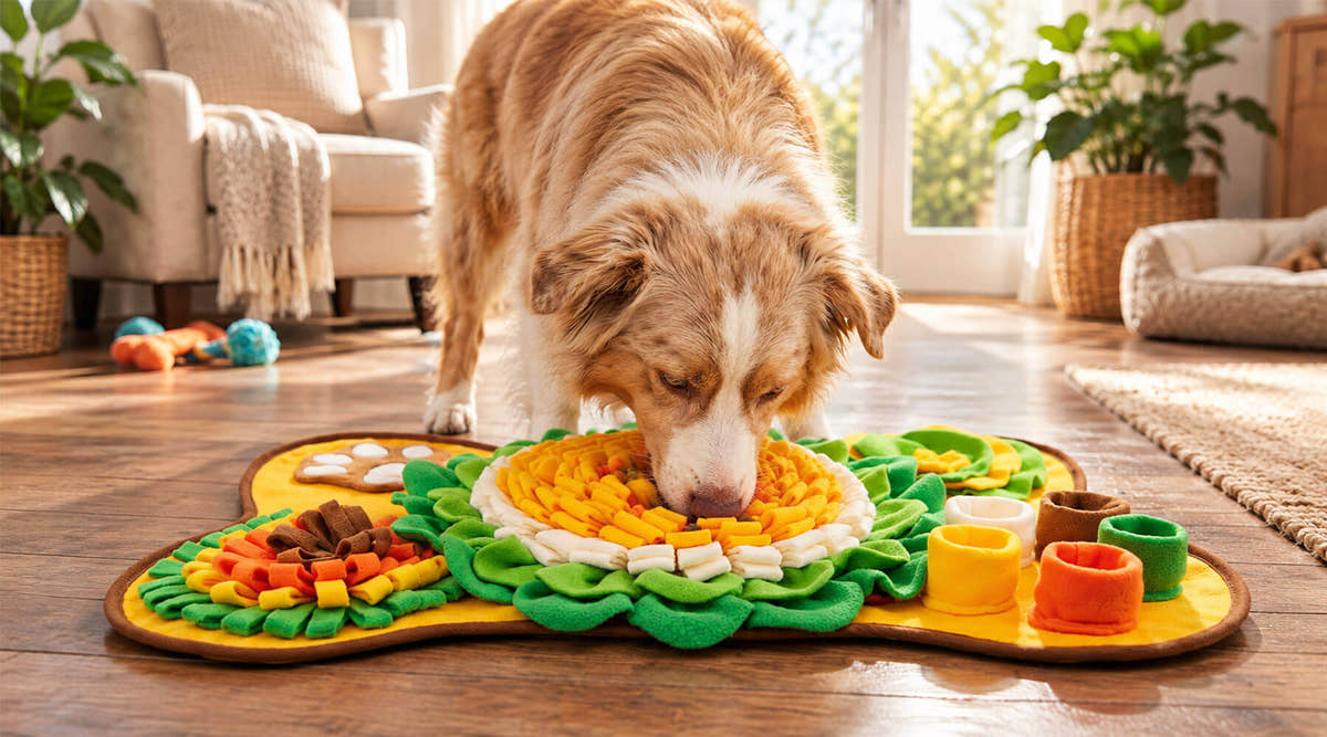 Hund sucht im Wohnzimmer Leckerlis in einer bunten Schnüffeldecke in Knochenform – ruhige Nasenarbeit, um einen alten Hund zu beschäftigen