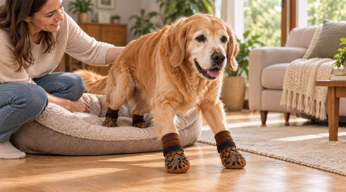 Älterer Golden Retriever steht mit rutschfesten Hundesocken von seinem Hundebett auf, eine Frau stützt ihn dabei am Rücken
