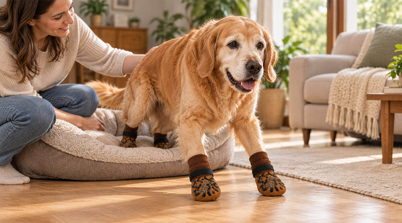Älterer Golden Retriever steht mit rutschfesten Hundesocken von seinem Hundebett auf, eine Frau stützt ihn dabei am Rücken