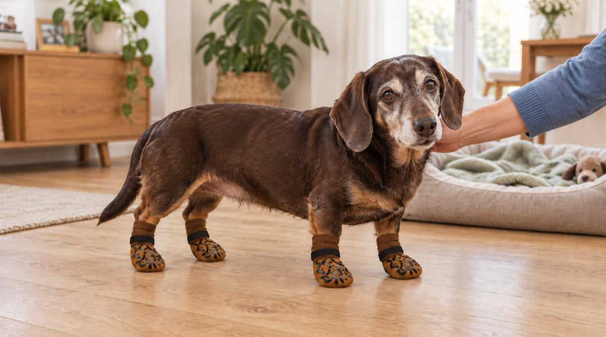 Alter Hund rutscht weg: Dackel-Senior steht auf Laminat in Anti-Rutsch-Socken, Halterin streichelt ihn