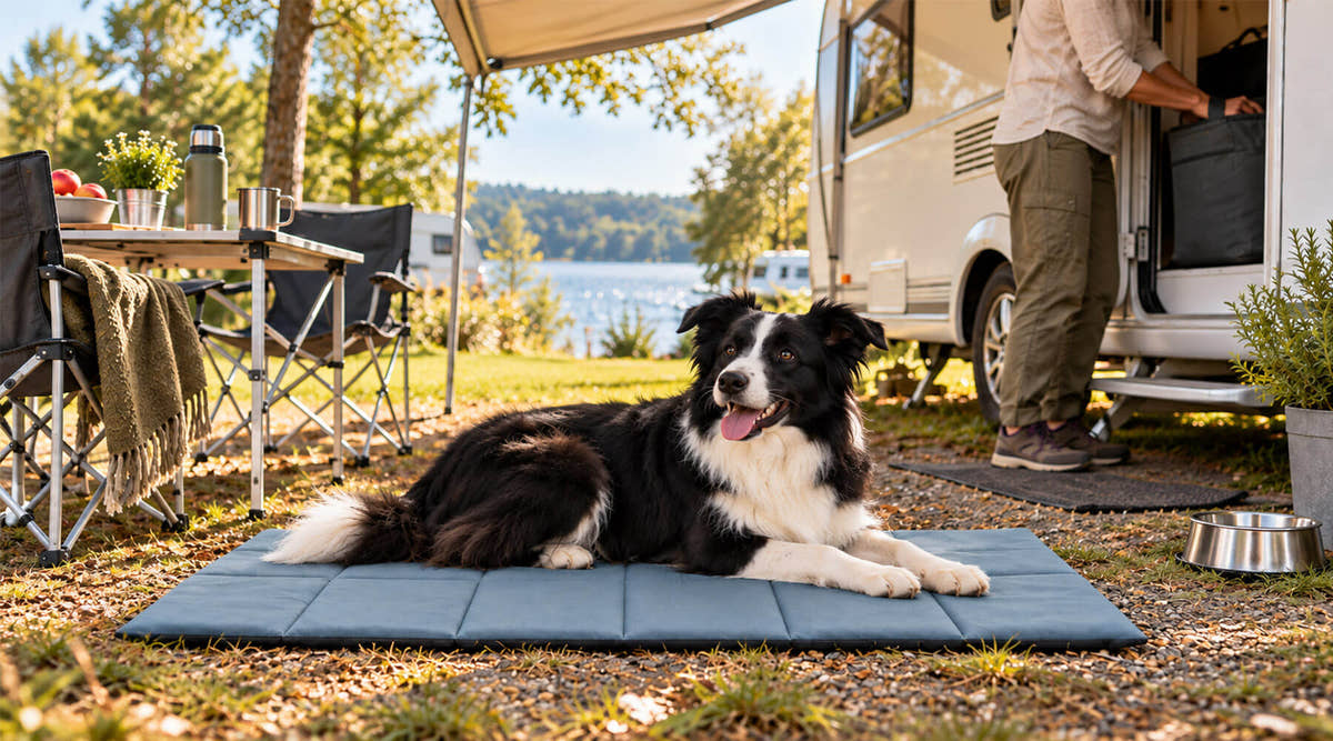 Camping mit Hund: Border Collie liegt auf einer blaugrauen Outdoor-Hundematte unter der Markise vor dem Wohnmobil am See
