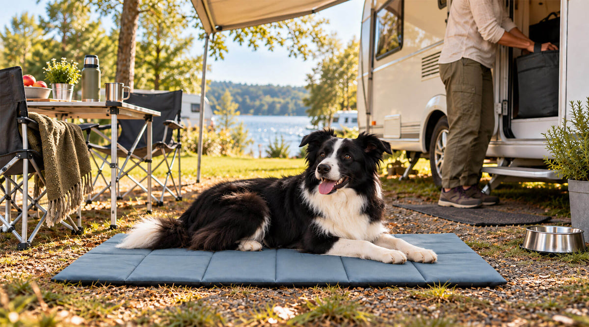 Camping mit Hund: Border Collie liegt auf einer blaugrauen Outdoor-Hundematte unter der Markise vor dem Wohnmobil am See