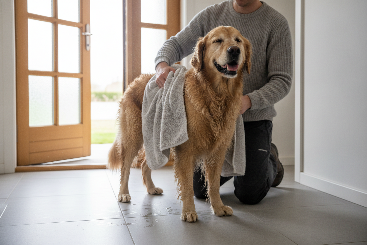 Hundebesitzer trocknet nassen Hund mit Coral Fleece Hundehandtuch für schnelle und sanfte Fellpflege