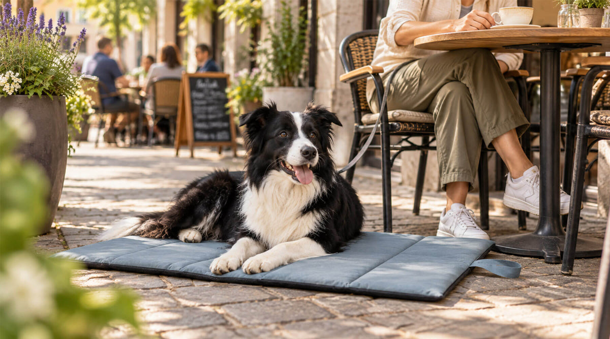 Border Collie liegt auf einer Hundematte vor einem Café, im Hintergrund sitzen Gäste an Tischen im Freien