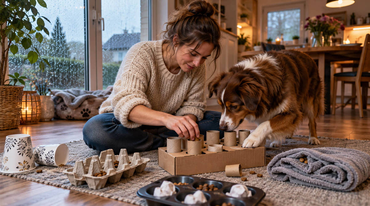 Australian Shepherd löst ein selbst gebautes Denkspiel aus Klopapierrollen im Karton, daneben Eierkarton, Muffinblech und Handtuch als weitere Bastelideen