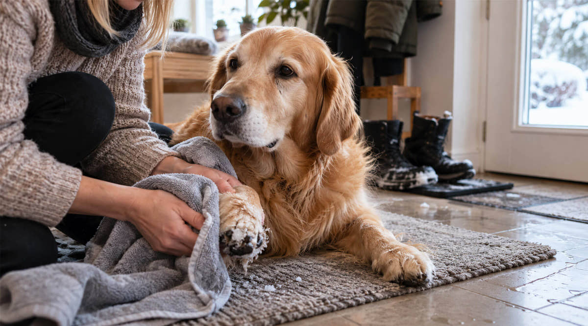 Golden Retriever mit Eisklumpen an der Pfote wird nach dem Schneespaziergang im Flur mit einem Handtuch abgetrocknet