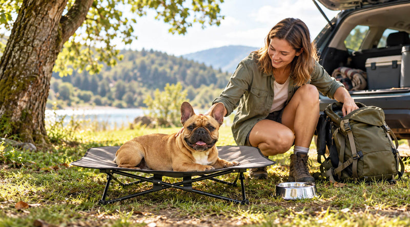 Französische Bulldogge liegt auf einem faltbaren, erhöhten Hundebett am See, daneben eine Frau mit Rucksack vor dem offenen Kofferraum
