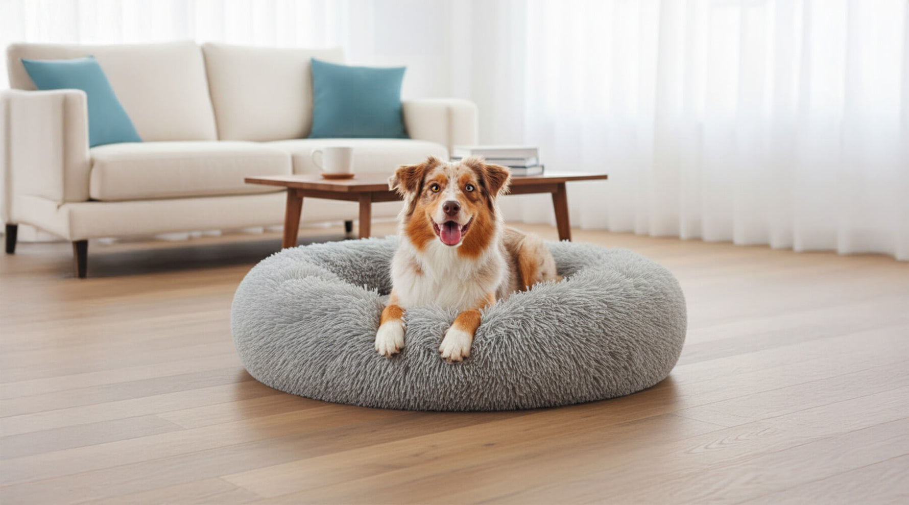 Ein glücklicher Australian Shepherd liegt entspannt in einem flauschigen, grauen Kuschelnest für Hunde inmitten eines hellen, modernen Wohnzimmers.
