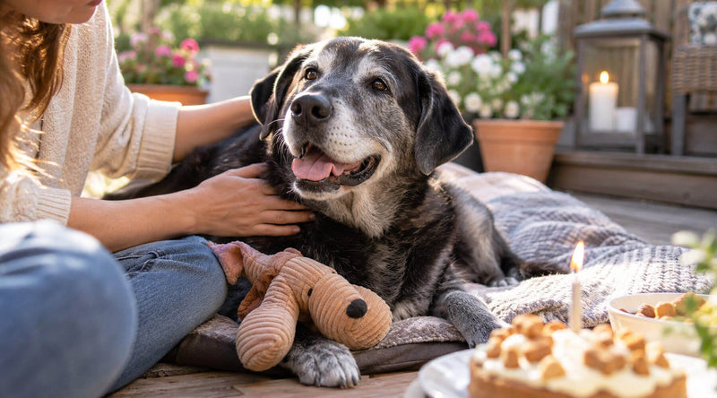 Älterer Hund mit grauer Schnauze feiert Geburtstag auf der Terrasse, mit Plüschtier als Geburtstagsgeschenk und Hundetorte mit Kerze