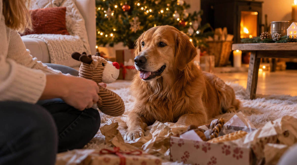 Golden Retriever liegt vor dem Weihnachtsbaum zwischen ausgepackten Geschenken für Hunde und schaut auf ein Rentier-Plüschspielzeug