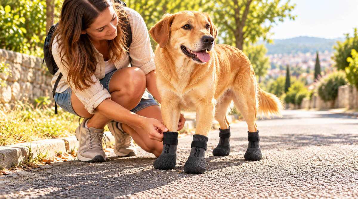 Frau prüft bei ihrem Golden Retriever den Sitz der Hundeschuhe auf einer sonnigen Asphaltstraße – Schutz für Hundepfoten bei heißem Asphalt