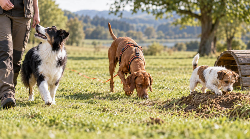 Hütehund läuft aufmerksam neben seinem Halter, ein Jagdhund folgt an der Schleppleine einer Fährte und ein Terrier buddelt auf der Wiese