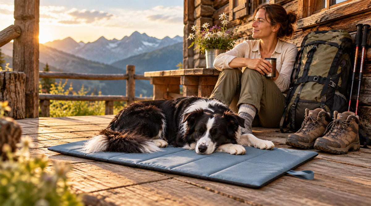 Hüttenwanderung mit Hund: Border Collie schläft auf einer blaugrauen Hundematte vor einer Berghütte, daneben Rucksack und Wanderschuhe