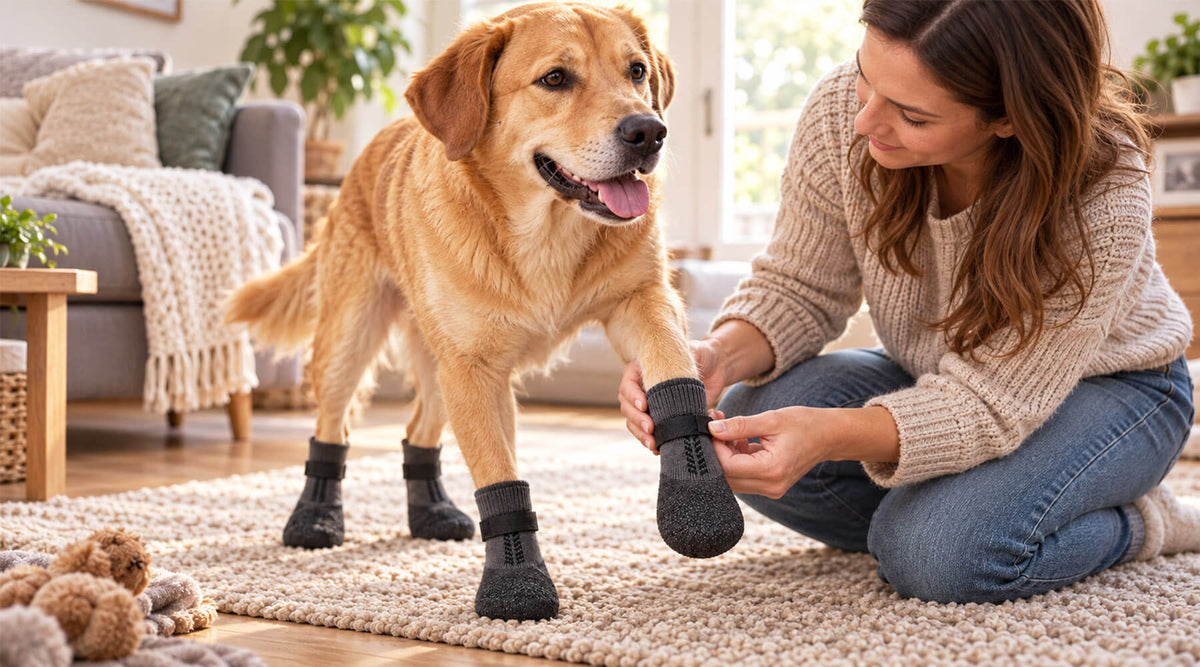 Frau zieht ihrem Hund im Wohnzimmer Hundeschuhe an und schließt das Klettband – Schritt für Schritt den Hund an Schuhe gewöhnen