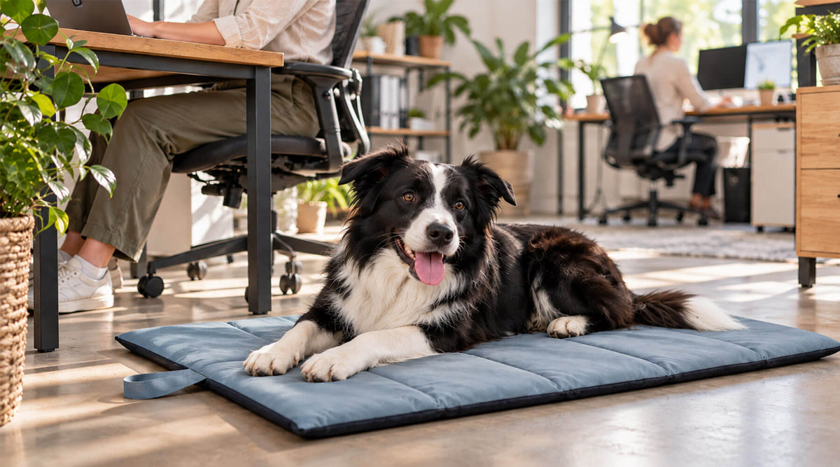 Border Collie liegt im Großraumbüro auf einer gepolsterten Hundematte neben dem Schreibtisch