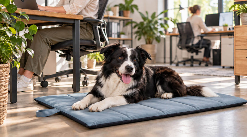 Border Collie liegt im Großraumbüro auf einer gepolsterten Hundematte neben dem Schreibtisch