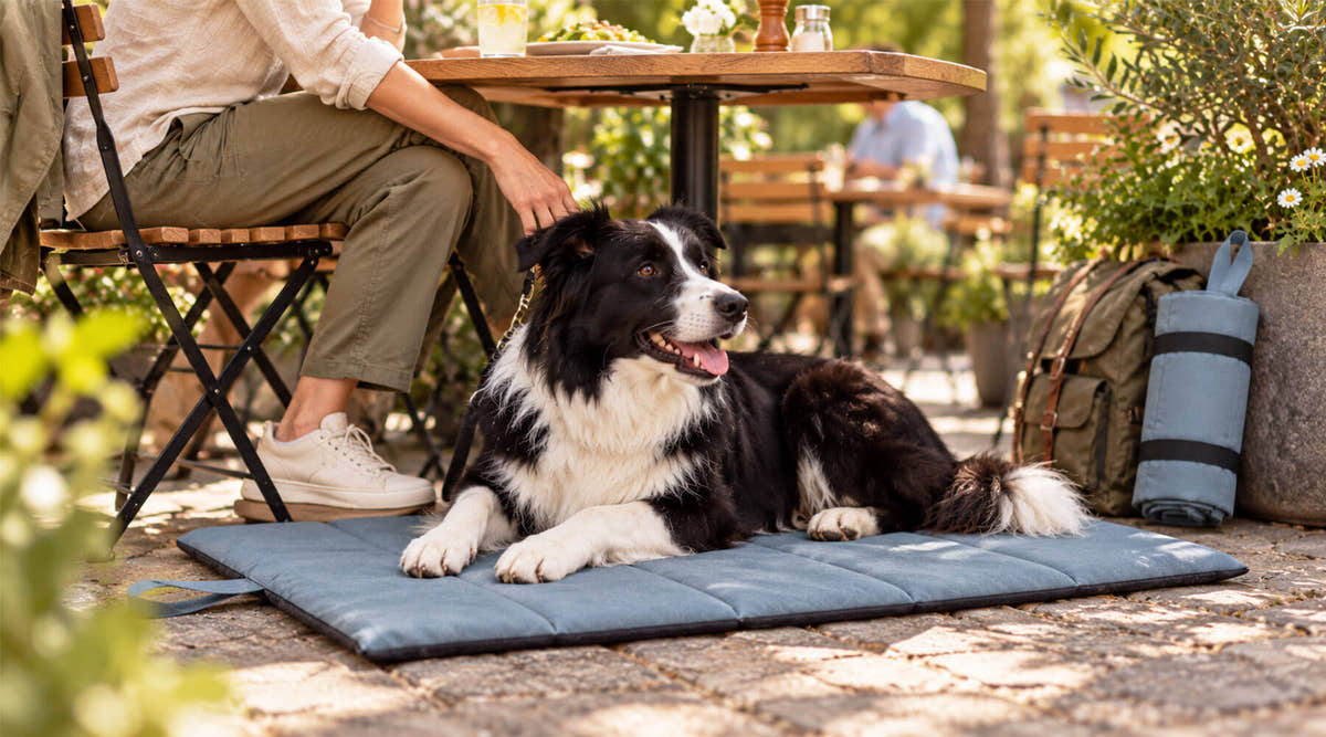 Hund im Restaurant: Border Collie liegt auf einer blaugrauen Hundematte neben dem Tisch im Gastgarten, seine Halterin streichelt ihn
