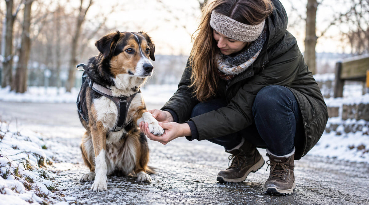 Frau prüft beim Winterspaziergang auf einem frostigen Weg die Pfote ihres Hundes