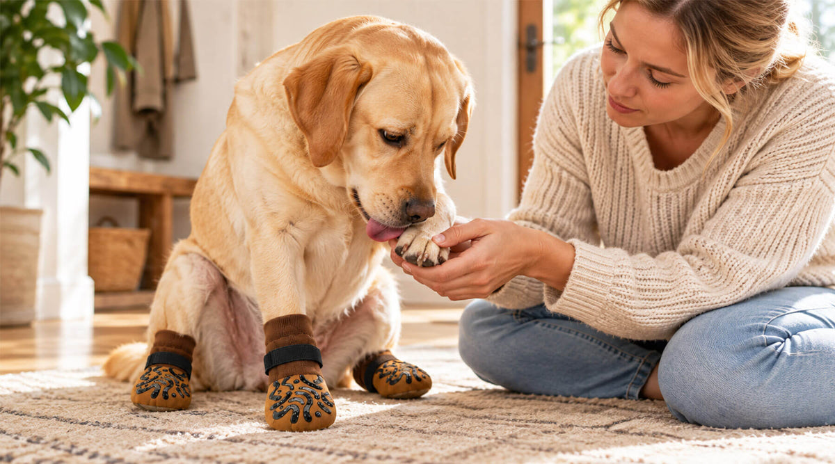 Labrador leckt an seiner Pfote, die eine Frau in der Hand hält – an den anderen Pfoten trägt er braune Hundesocken als Leckschutz
