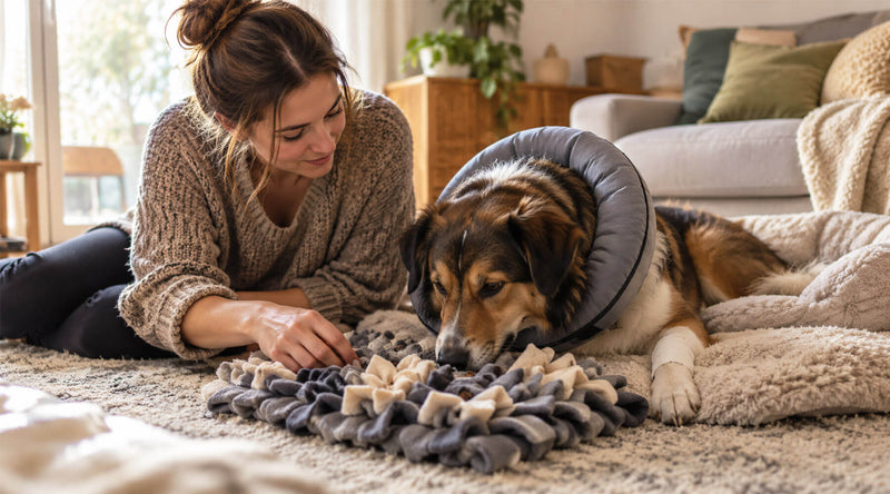 Hund mit weicher Halskrause liegt nach der OP auf dem Teppich und sucht Leckerli im Schnüffelteppich, seine Halterin sitzt daneben