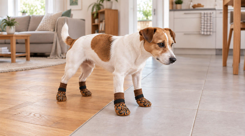 Hund rutscht auf glattem Boden: Jack Russell steht mit rutschfesten Hundesocken auf Fliesen und Parkett