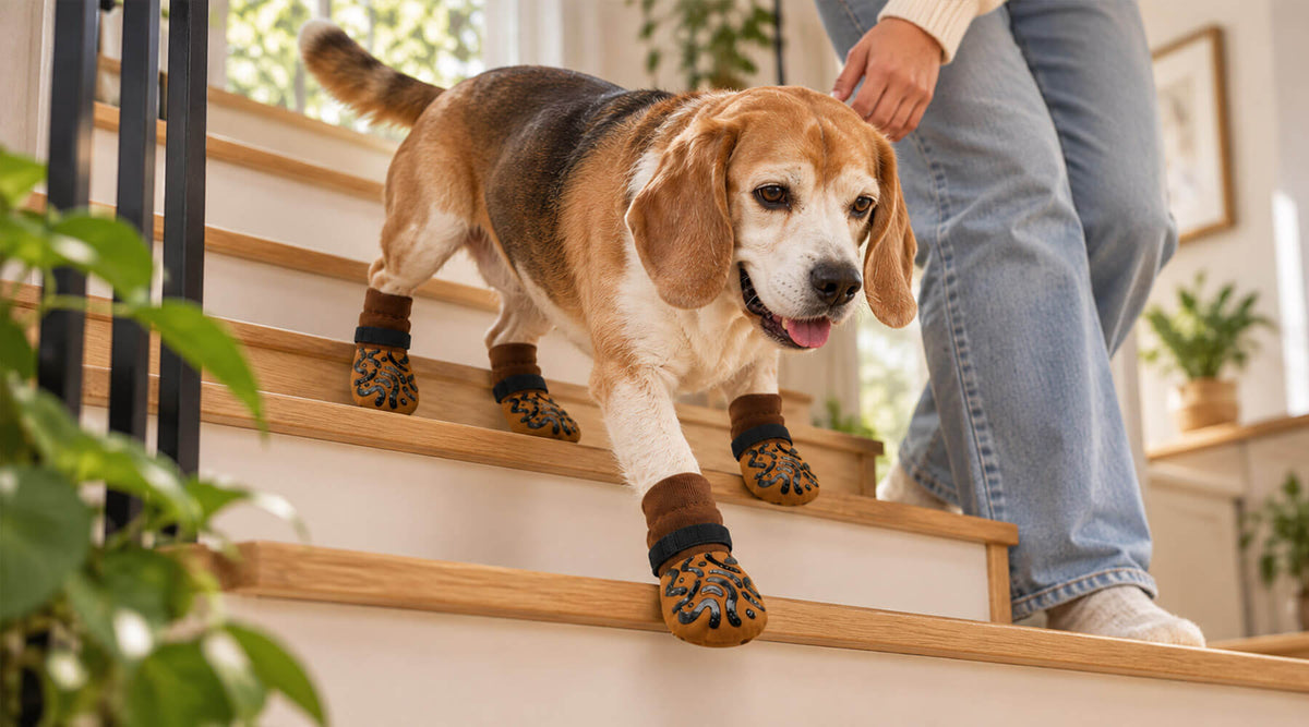 Beagle geht mit rutschfesten Hundesocken eine Holztreppe hinunter, daneben eine Person
