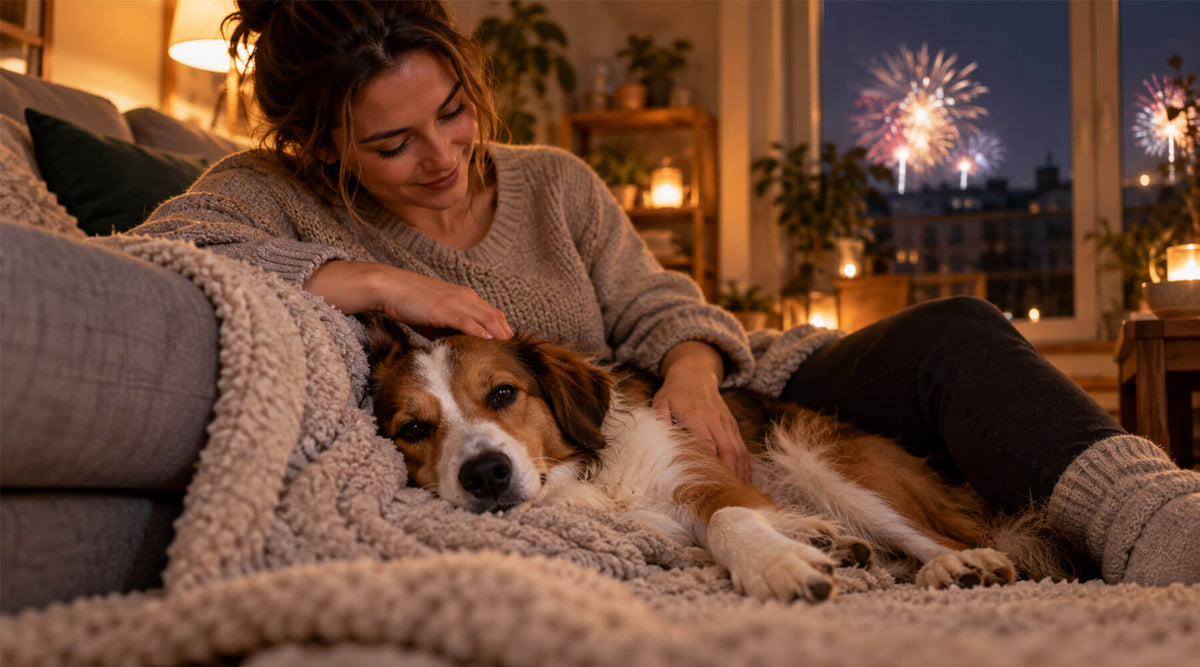 Hund liegt an Silvester ruhig unter einer Decke im Wohnzimmer und wird von seiner Halterin gestreichelt, vor dem Fenster ist Feuerwerk zu sehen