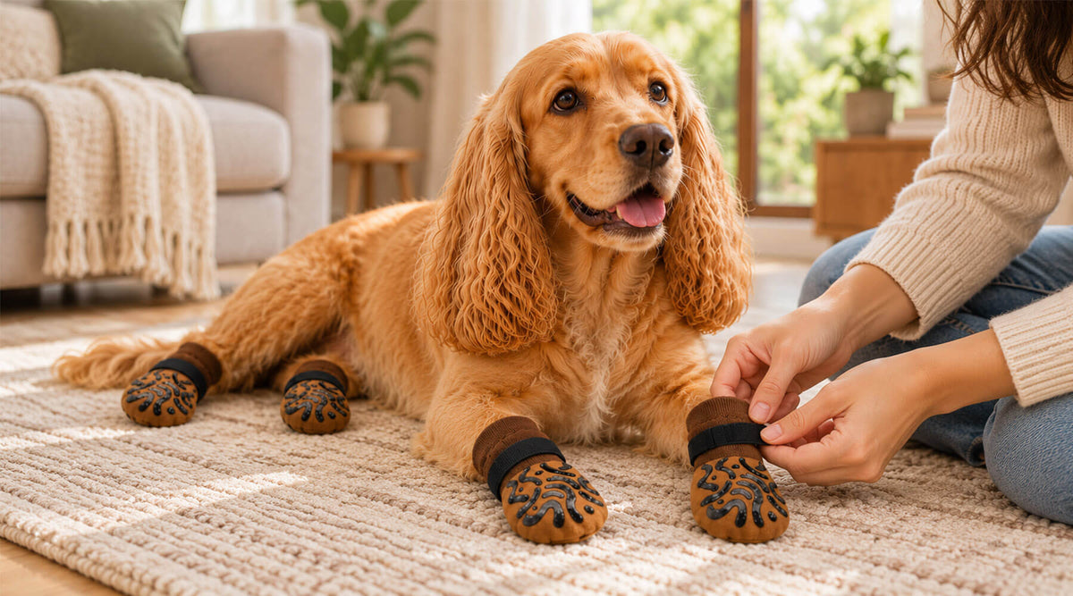 Frau schließt den Klettverschluss einer Hundesocke an der Vorderpfote eines liegenden Cocker Spaniels