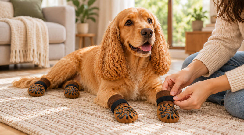 Frau schließt den Klettverschluss einer Hundesocke an der Vorderpfote eines liegenden Cocker Spaniels