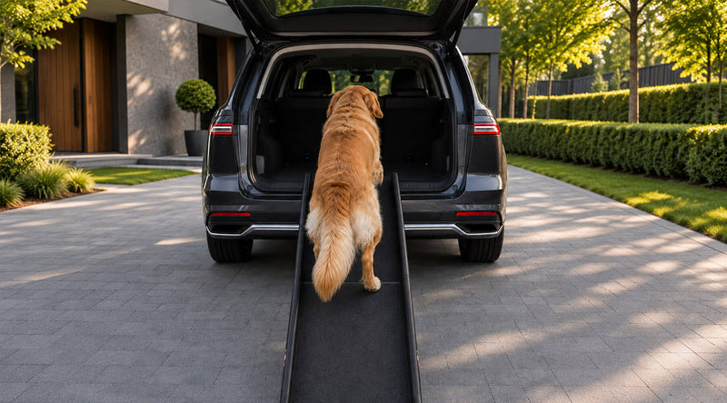 Hund springt nicht mehr ins Auto: Golden Retriever geht stattdessen über die Hunderampe in den Kofferraum