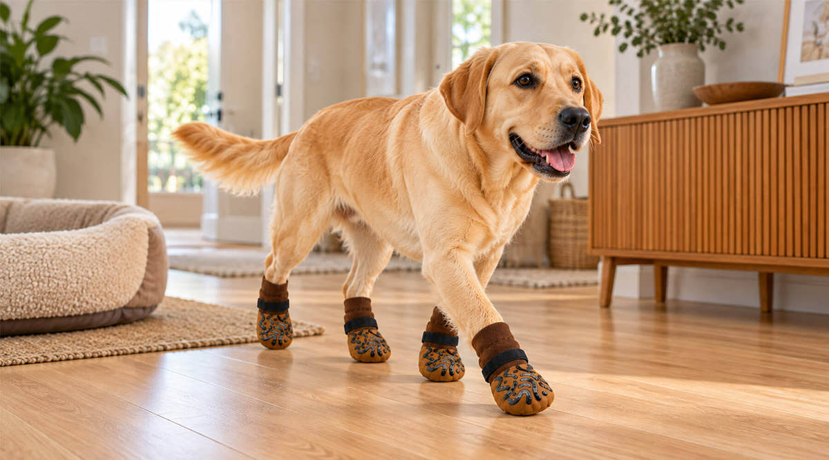 Labrador läuft mit braunen Hundesocken über den Parkettboden im Wohnzimmer – die Socken schützen den Boden vor Krallenkratzern