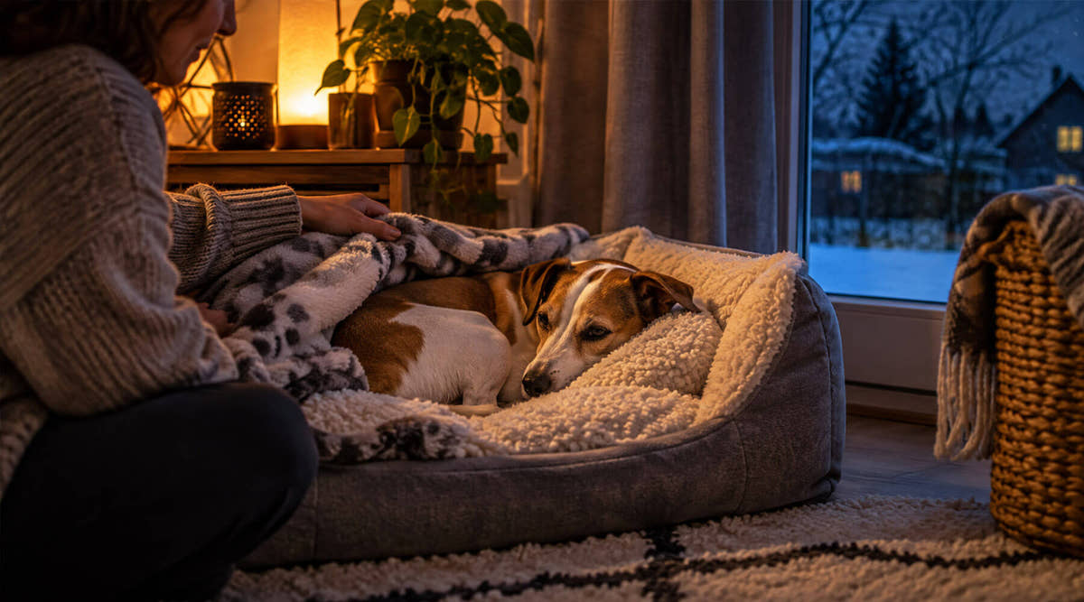 Frau deckt ihren Jack Russell Terrier abends im Hundebett mit einer Decke zu, draußen liegt Schnee – wenn Hunde nachts frieren