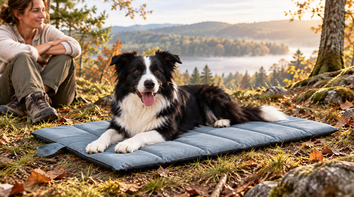 Border Collie liegt im herbstlichen Wald auf einer gepolsterten Outdoor-Hundematte, im Hintergrund Morgennebel über einem See
