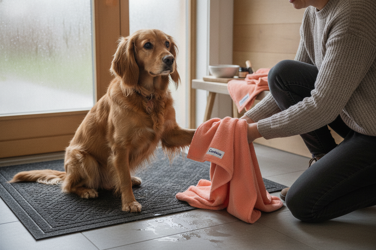 Hundebesitzer trocknet nassen Hund sanft mit einem Hundehandtuch Coral Fleece für saubere Pfoten