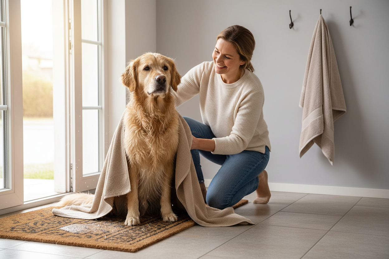Hundebesitzerin trocknet nassen Hund mit Hundehandtuch saugstark für saubere und gemütliche Momente