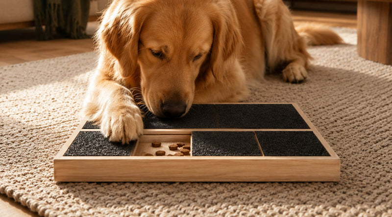 Hundekrallen kürzen am Kratzbrett: Golden Retriever legt die Pfote auf das Brett und sucht Leckerlis