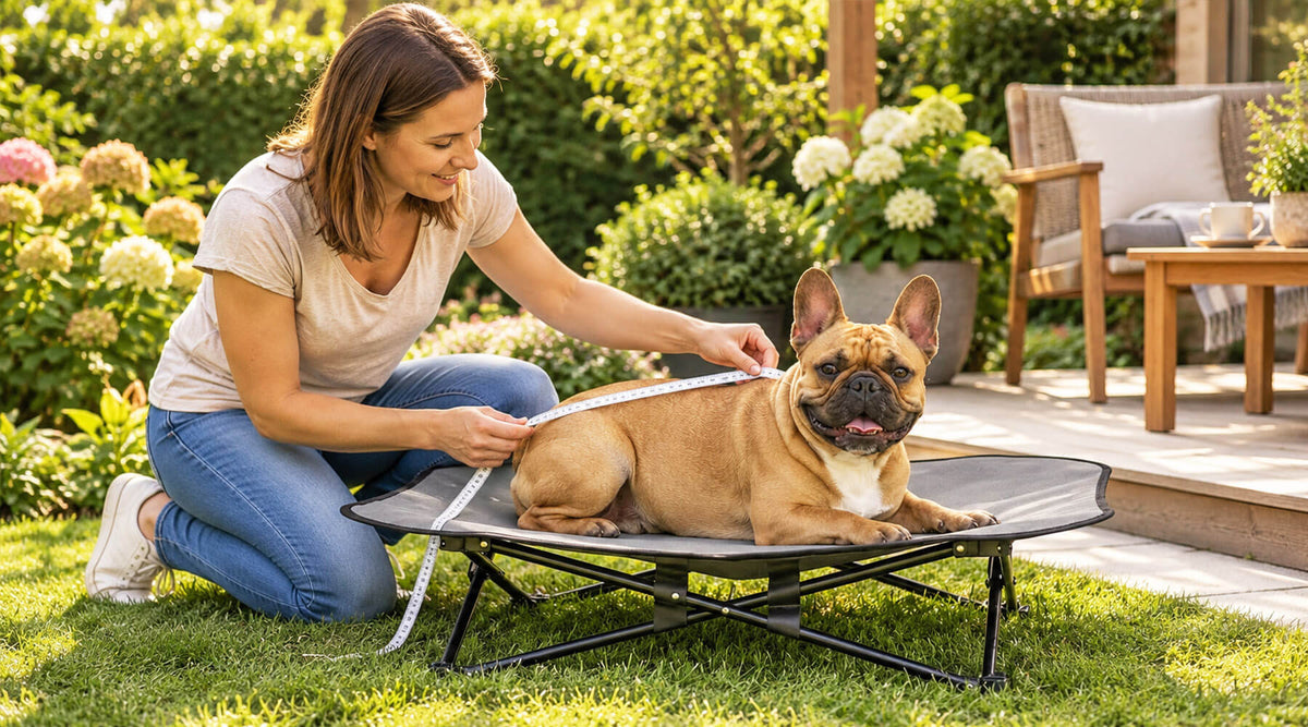 Frau misst im Garten mit einem Maßband die Körperlänge einer Französischen Bulldogge auf einer erhöhten Hundeliege