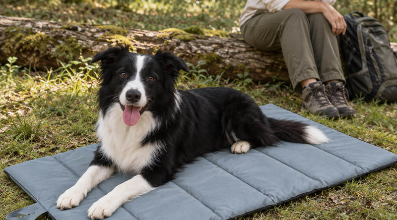Border Collie liegt auf der wasserfesten Outdoor-Hundematte Rastia im Gras am Waldrand