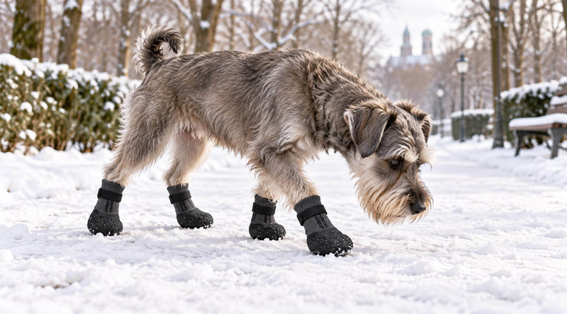 Hundepfoten vor Streusalz und Schnee schützen: Hund läuft mit Hundeschuhen über einen verschneiten Parkweg