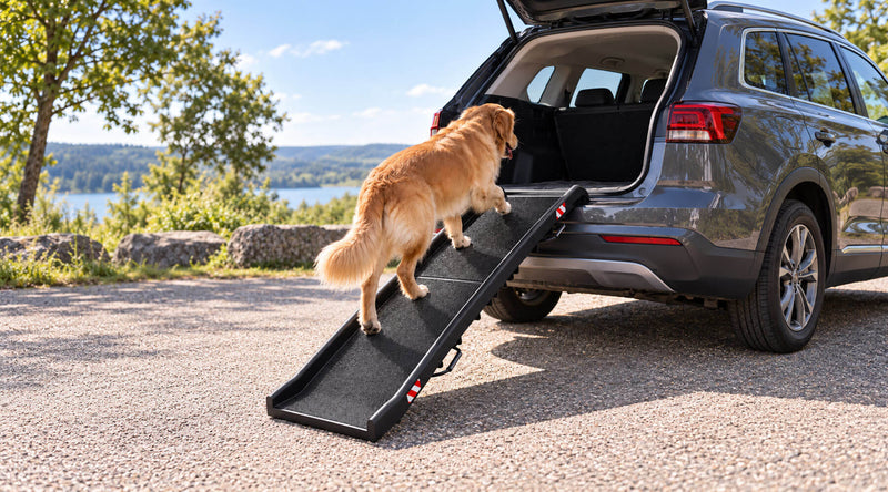 Hunderampe als Einstiegshilfe fürs Auto: Golden Retriever läuft die rutschfeste Rampe in den Kofferraum