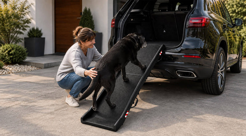 Schwarzer Hund steigt über die klappbare Hunderampe ins Auto, seine Halterin unterstützt ihn