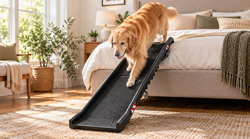 Golden Retriever läuft über eine klappbare Hunderampe mit Anti-Rutsch-Belag vom Bett herunter