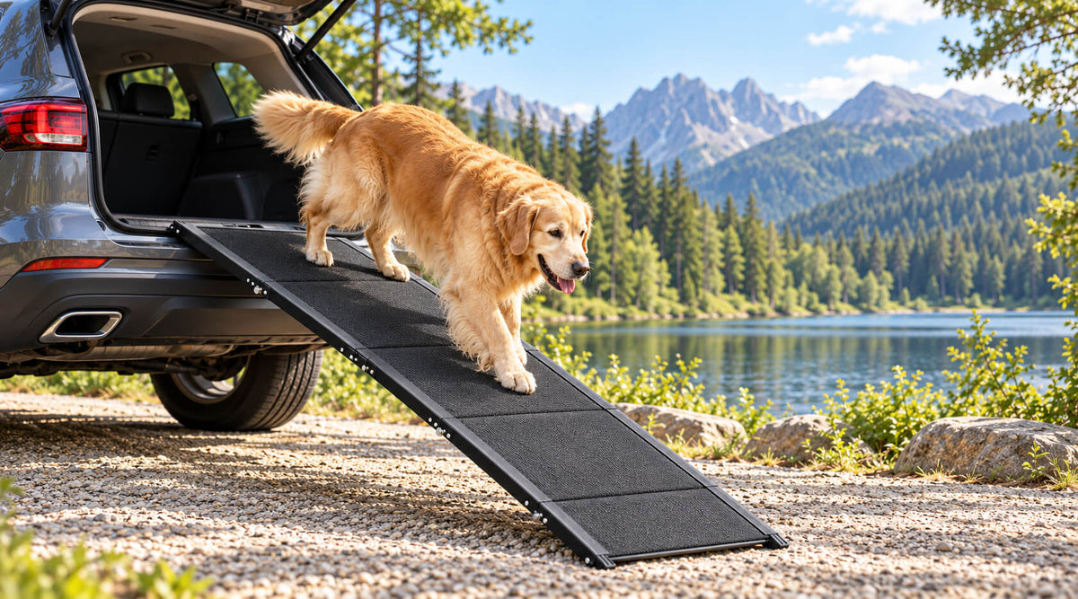 Golden Retriever läuft über die klappbare Alu-Hunderampe aus dem Kofferraum eines SUV, im Hintergrund ein Bergsee