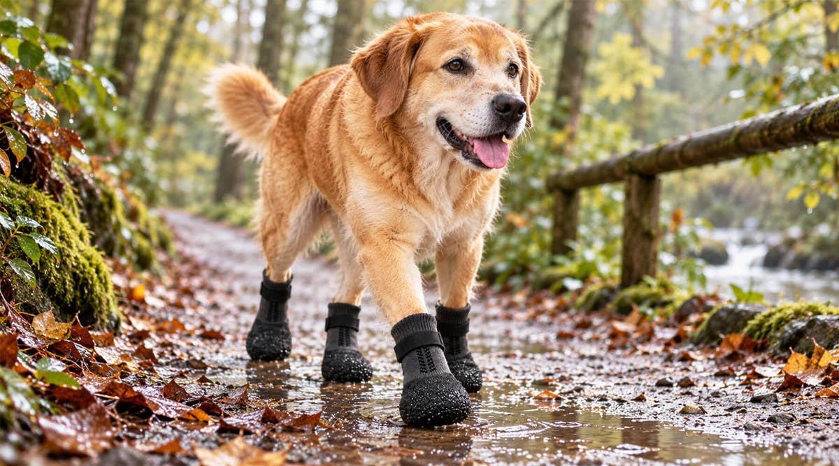 Älterer Golden Retriever mit schwarzen Hundeschuhen auf einem nassen Waldweg im Herbst